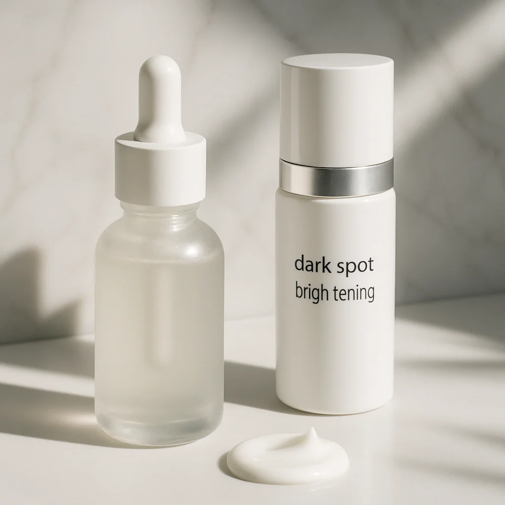 A flat-lay of three brightening serums — a drugstore bottle, a mid-tier pump, and a prestige glass vial — arranged on a white marble surface with soft morning light casting gentle shadows